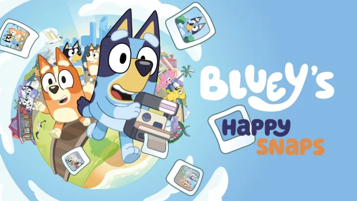 شخصيتا Bluey و Bingo مع كاميرا التصوير في غلاف لعبة Bluey's Happy Snaps
