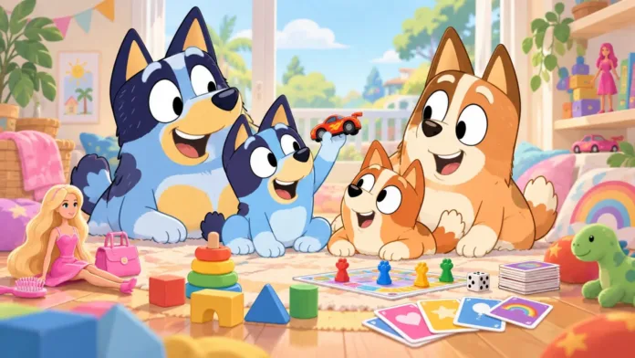 رسم توضيحي لشخصيات Bluey مع دمية وسيارة ألعاب وبطاقات وألعاب أطفال تعبر عن شراكة Bluey وMattel