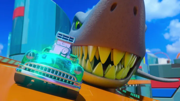 سيارة Hot Wheels أمام ديناصور T-Rex في لقطة من مسلسل Hot Wheels Let's Race على Netflix