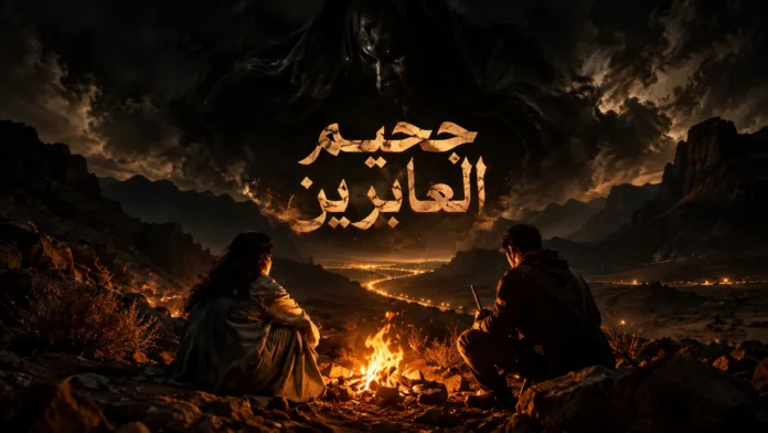 جحيم العابرين، مشهد سينمائي تخيلي لشخصين قرب نار في الصحراء ضمن أجواء رعب وغموض