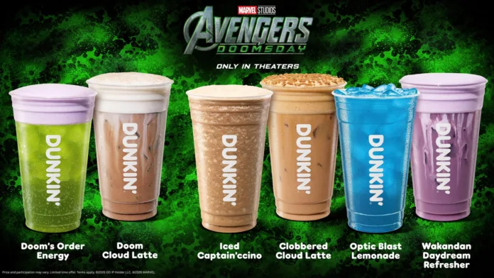 ستة مشروبات من تعاون Marvel و Dunkin المستوحى من Avengers: Doomsday مع شعار الفيلم