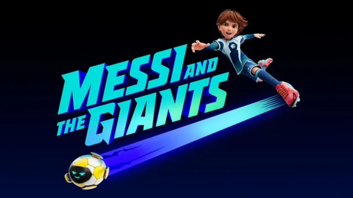 تراخيص Messi and the Giants: يظهر شعار المسلسل وشخصية ليو وكرة قدم على خلفية داكنة