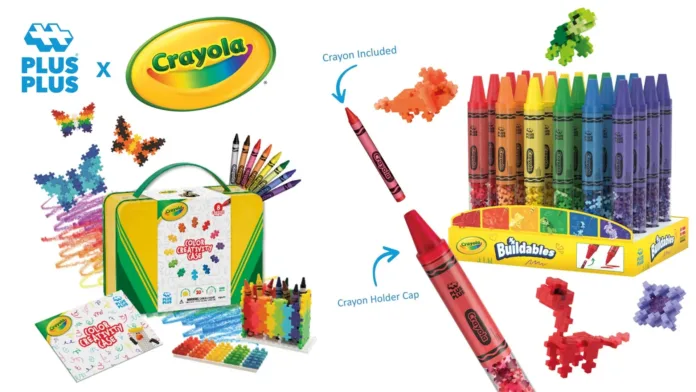 منتجات Crayola وPlus-Plus: صورة مجموعة البناء والتلوين مع أقلام Crayola ومكعبات Plus-Plus الملونة