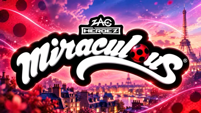 شعار Miraculous على خلفية باريس مضاءة بالأحمر والوردي والبنفسجي مع برج إيفل