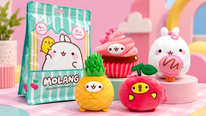 منتجات Molang المحشوة المعطرة في استوديو وردي ونعناعي مع عبوة Molang وأربع ألعاب