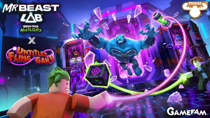 مشهد من تعاون MrBeast Lab مع Roblox في لعبة Untitled Fling Game مع شعارات Moose Toys و Gamefam