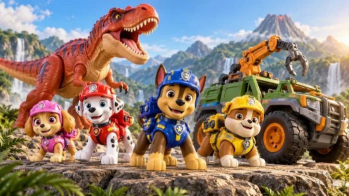 صورة توضيحية مولدة لمغامرة PAW Patrol مع الديناصورات ومركبة الألعاب