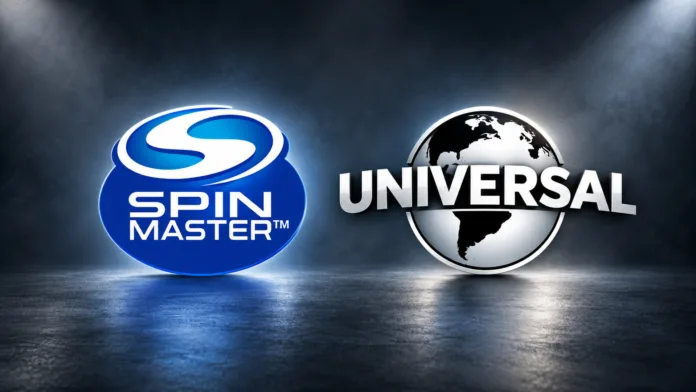 شعارا Spin Master و Universal على خلفية استوديو سينمائية بمناسبة اتفاقية ألعاب Jurassic World للأطفال