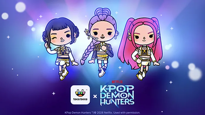 شخصيات لعبة Toca Boca World بتصاميم مستوحاة من KPop Demon Hunters مع شعاري Toca Boca و Netflix